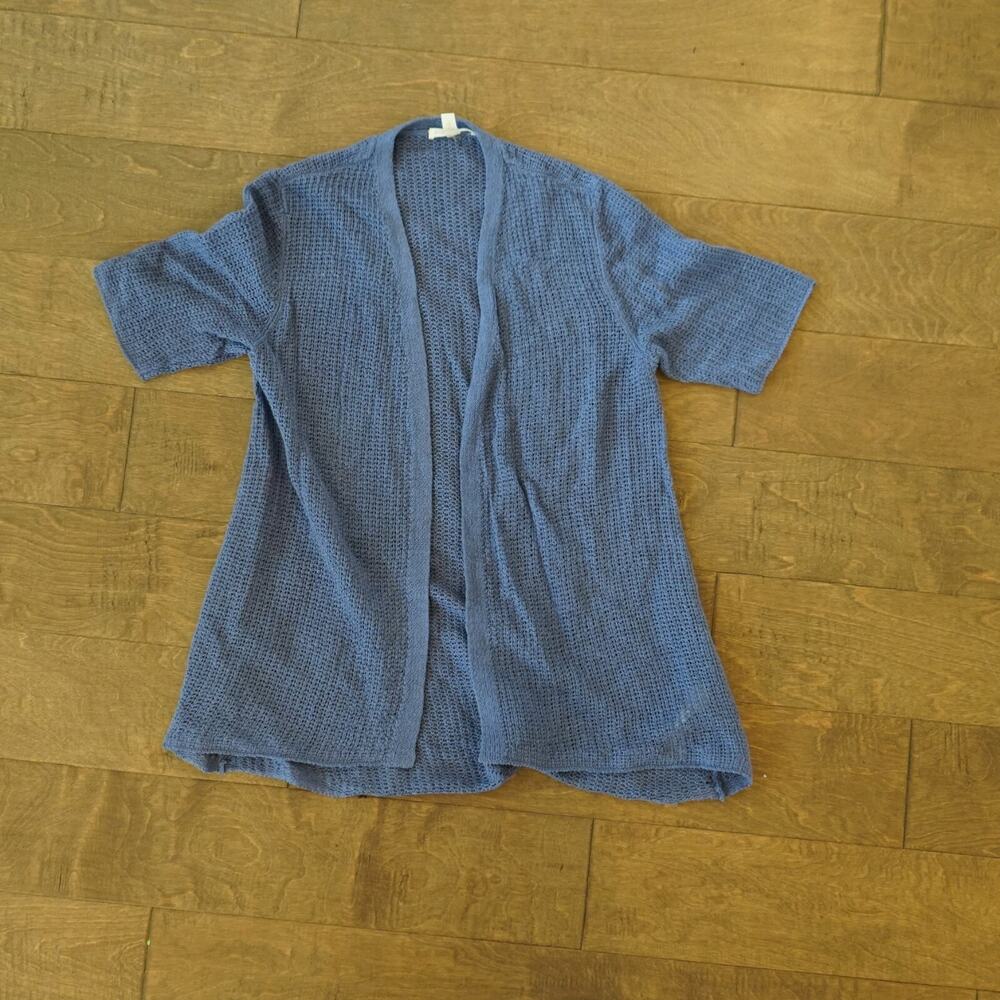 Eileen Fisher Open Knit Periwinkle Linen Short Sleeve Open Cardigan Sweater - XS